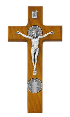 #ad Walnut Stain Saint Benedict Medal Wall Crucifix For Home or church 9.5 In