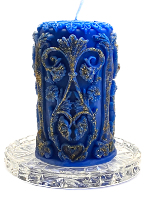#ad Stunning Decor Candle: Embellished Carved Blue Tower Candle 4quot; tall Handmade
