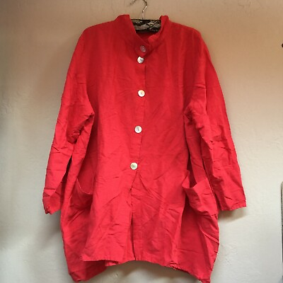 #ad Christopher Calvin Womens Button Front Linen Blend Jacket Lagenlook Pockets Red
