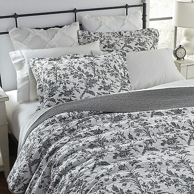 #ad NEW COZY COTTAGE FRENCH SHABBY WHITE BLACK GREY LEAF FLORAL FLOWER QUILT SET