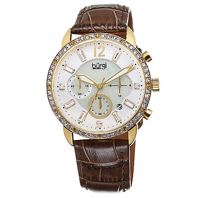 #ad New Women#x27;s Burgi BUR089BR Crystal Chronograph Brown Genuine Leather Strap Watch
