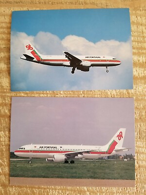 #ad TWO AIR PORTUGAL AIRBUS A320 POSTCARDS.LANDED AND IN FLIGHT.VTG UNUSED*P9