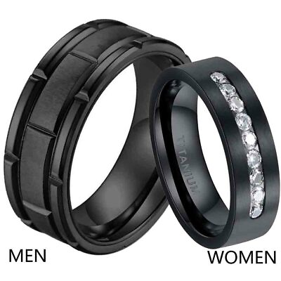 #ad Couple Rings Black Titanium Steel Mens Wedding Bands CZ Womens Wedding Ring Sets