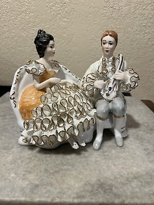 #ad Vintage Figurine Lady And Gentleman on Sofa Made in Romania