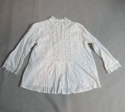 #ad Womens Crochet Lace Top Large White Long Sleeve Sheer Accents Button Up