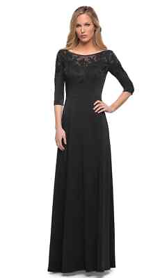 #ad La Femme Black Embroidered Sparkle Illusion Neck Gown Size 12 $439