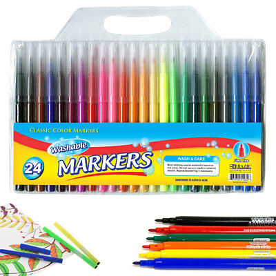 #ad 24 Pc Washable Classic Color Markers Assorted Colors Fine Tip Line Art Coloring