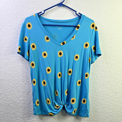 #ad No Boundaries Sunflowers Womens V Neck Blue Short Sleeve Shirt L 11 13 Juniors