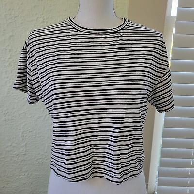 #ad Forever 21 Woman#x27;s Size Small Black White Striped Short Sleeve Crop Top