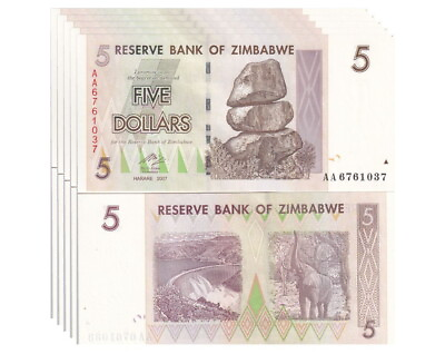 #ad Zimbabwe 5 Dollars 2007 P 66 UNC LOT 5 PCS