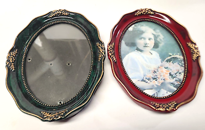 #ad Pair Vintage Lacquered Wood Oval Ornate Picture Photo Frames Green amp; Red 4X6