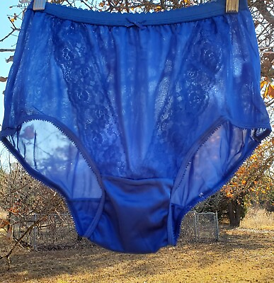 #ad Double Nylon Gusset LACE Sissy Panty Slippery 6 M Royal BLUE Sheer Brief Granny
