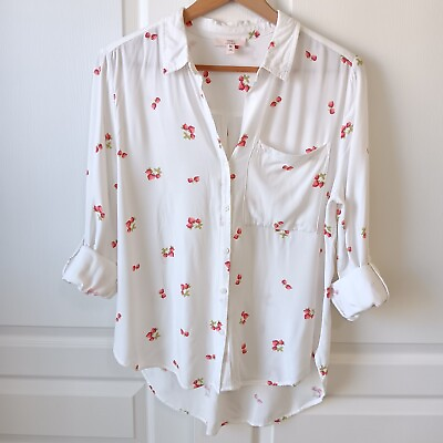 #ad Como Vintage Women#x27;s White Strawberry Print Roll Tab Button Front Shirt Size M $15.00