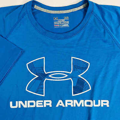 #ad Under Armour Heat Gear Mens Activewear T Shirt Blue Spellout Short Sleeve L