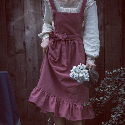 #ad Women Vintage Style Girls Cotton Linen Full Apron Pinafore Dress Ruffle Pocket