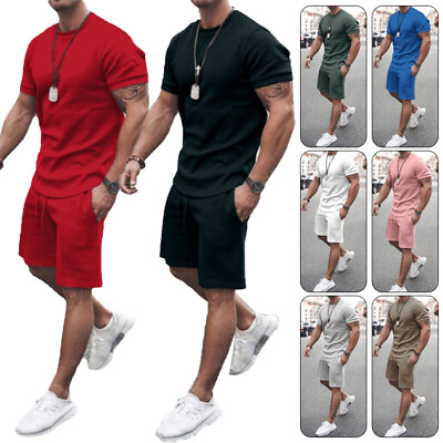 #ad Mens Summer Outfit 2 Piece Set Casual Short Sleeve T Shirts Shorts Sweatsuit Set