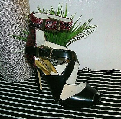 #ad Michael Kors Tamara Women#x27;s Blackamp;Red Patent Leather Open Toe Heels Shoes 6 M