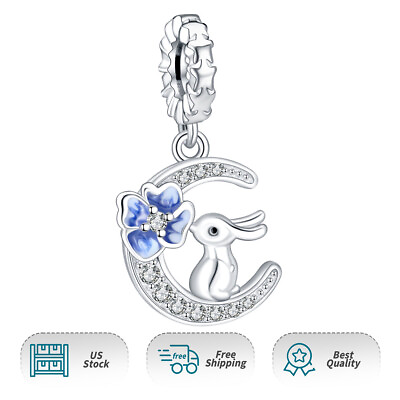 #ad New S925 Rabbit Flower Moon Dangle Women Girl Bracelet Necklace Pendant Charms