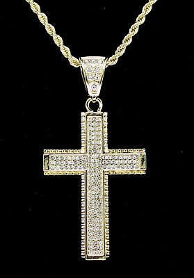 #ad Cross Pendant 14k Gold Plated Cz 24quot; Rope Chain Hip Hop Necklace
