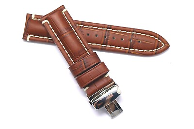 #ad 22mm Brown Leather Contrast Stitch Croco Watch Strap W Silver Push Button Clasp