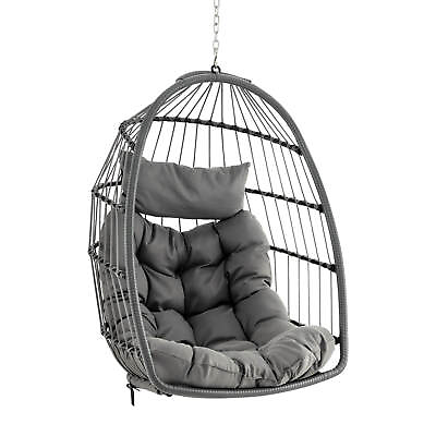 #ad Hanging Egg Chair Wicker Swing Hammock Chair w Head Pillow amp; Seat Cushion Gray $149.98