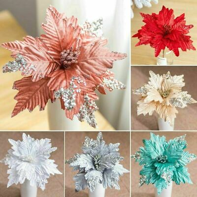#ad 9.8quot; Large Glitter Poinsettia Flowers Artificial Flowers Christmas Tree Ornament