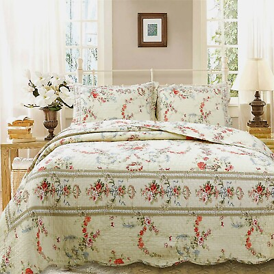 #ad Rose Romance 100% Cotton Quilt Set Bedspread Coverlet