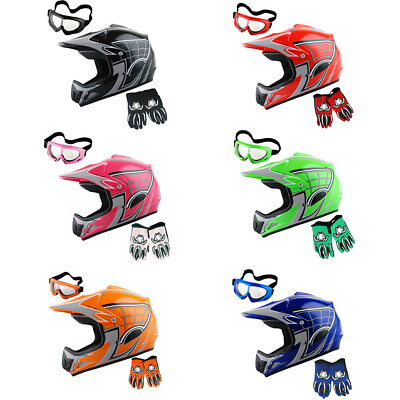 #ad WOW Youth Motocross Helmet MX Bike ATV Spider Helmet Goggle Gloves Kids Bundle $49.95