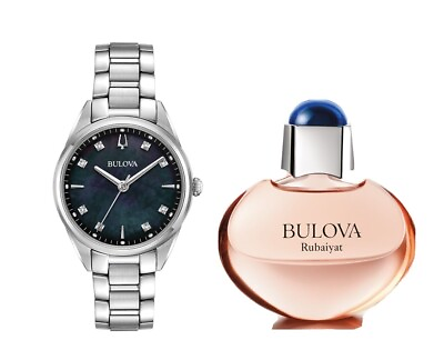 #ad Bulova Sutton Women#x27;s Quartz Diamond Accent Silver Perfume Watch Set 32MM 96P198