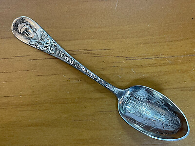 #ad Antique Souvenir Spoon Plated 1898 1492 Worlds Fair City Machinery Hall