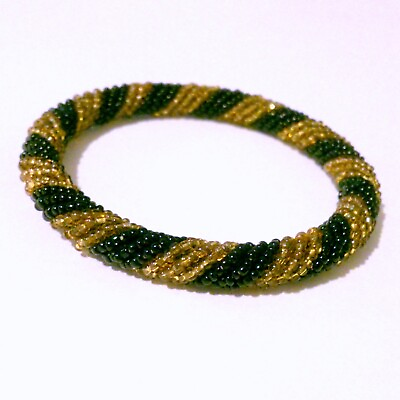 #ad Vintage Handmade Black and Gold Seed Bead Bangle Bracelet