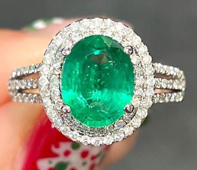 #ad Emerald Natural and Diamond 14k Solid White Gold Ring All Sizes