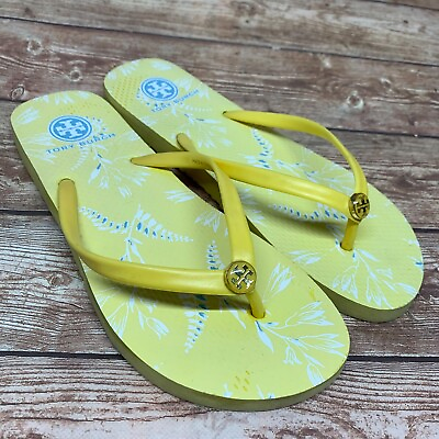 #ad Tory Burch Yellow PVC Flip Flop Thong Flat Sandals Logo Size 7 Floral Foam Beach $25.44
