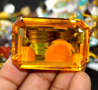 #ad 200 Ct Brazilian GIE Certified Natural Shiny Citrine Emerald Cut Loose Gemstone