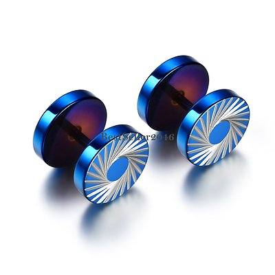 #ad 2Pcs Blue Stainless Steel Tornado Men#x27;s Round Barbell Dumbbell Stud Earrings