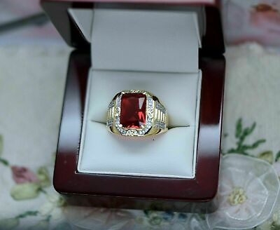#ad 4CT Red Ruby Mens Antique Lab Created Vintage Band Ring 14k Yellow Gold Finish