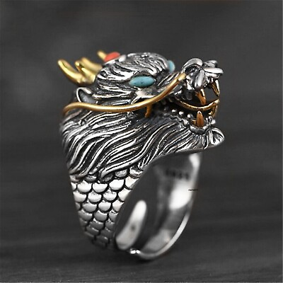 #ad Solid 925 Sterling Silver Band Men Special Lucky Carved Dragon Ring 18.8g