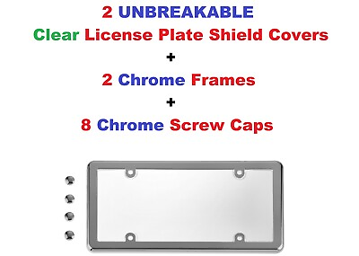 #ad 2 UNBREAKABLE Clear License Plate Shield 2 Chrome Frames Screw Caps for Cars