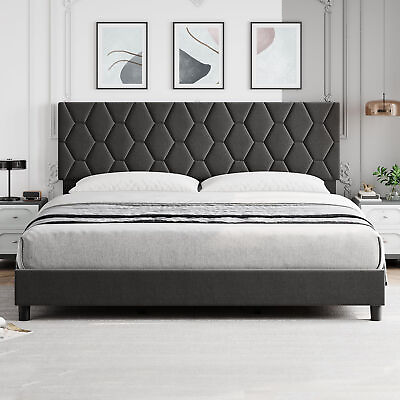 #ad Adjustable Upholstered King Queen Full Twin Size Bed Frame Platform W Headboard