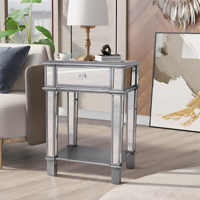 #ad WISFOR Silver Mirrored Side Table Nightstand End Table w Drawer amp; Open Shelf US