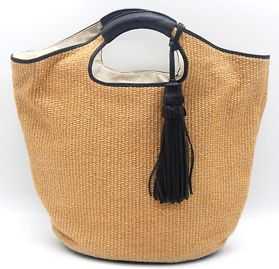 #ad Ann Taylor Tan Natural Woven Double Leather Handle Bucket Handbag W Black Tassel