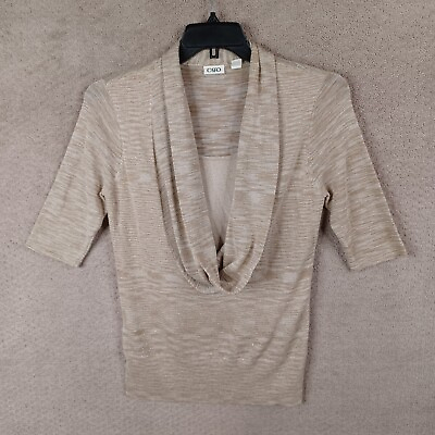 #ad Cato Shirt Womens Medium Beige Gold Metallic Shawl Neck 3 4 Sleeve Top Lined
