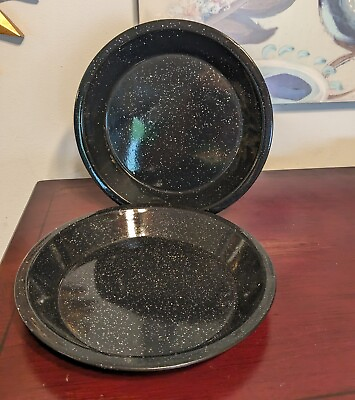 #ad Vintage Black Speckled Enamelware Two Deep Pie Plates Camping Fire Metal EUC