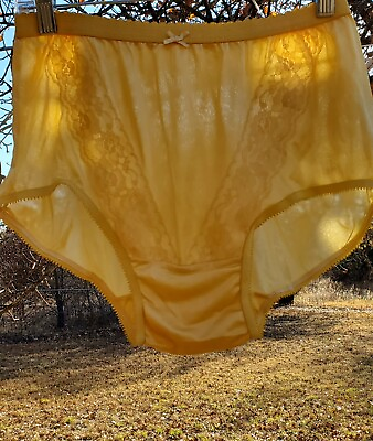 #ad Double Nylon Gusset LACE Sissy Panty 8 XL YELLOW Silky Sheer Brief Granny