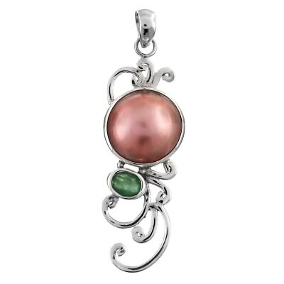 #ad 925 Sterling Silver Pink Mabe Pearl Emerald Sterling Pendant 2quot;
