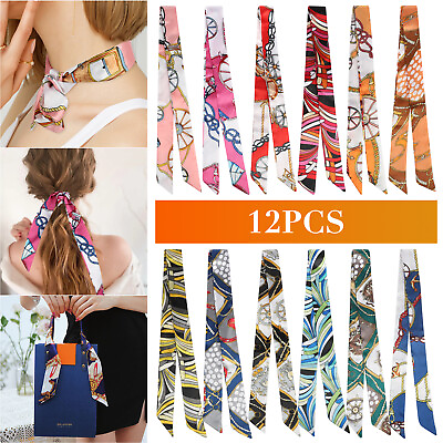 #ad 12pcs Women Satin Silk Scarf Scarves Wrap Tied Bag Handle Neck Hair Long Ribbon