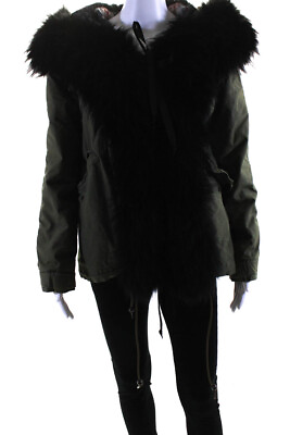 #ad Mr amp; Mrs Furs Womens Cotton Fur Trim Short Hooded Anorak Jacket Green Size XS