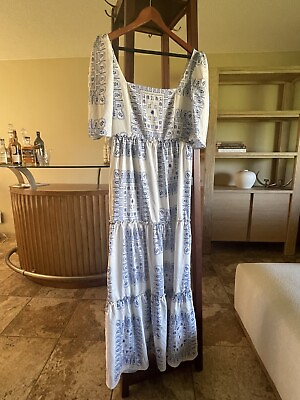 #ad Women’s Large Beautiful Blue And White Summer Brunch Dress tea Time
