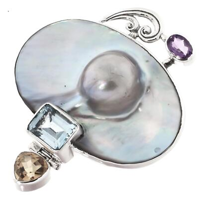 #ad 925 Silver Mabe Blister Pearl Amethyst Blue Topaz Citrine Sterling Pendant 2quot;
