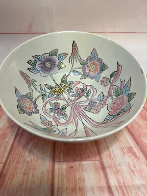 #ad Toyo Asian Porcelain Round Rice Bowl Macau Pink Purple Ribbons amp; Bows Flowers $24.88